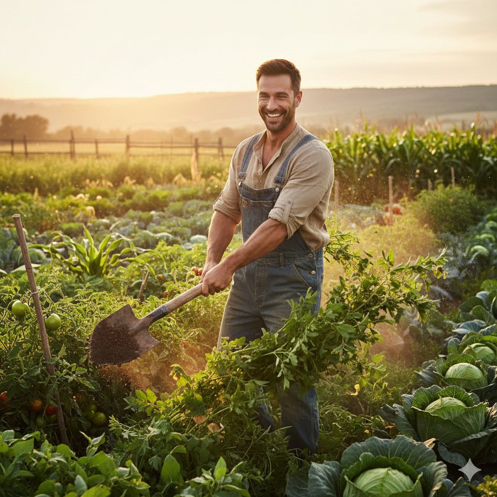 A healthy man practicing organic gardening for health in a green field