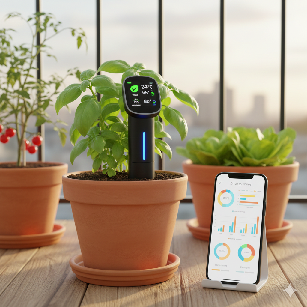 Smart plant monitor device inserted in soil tracking light temperature and nutrients with mobile app sync