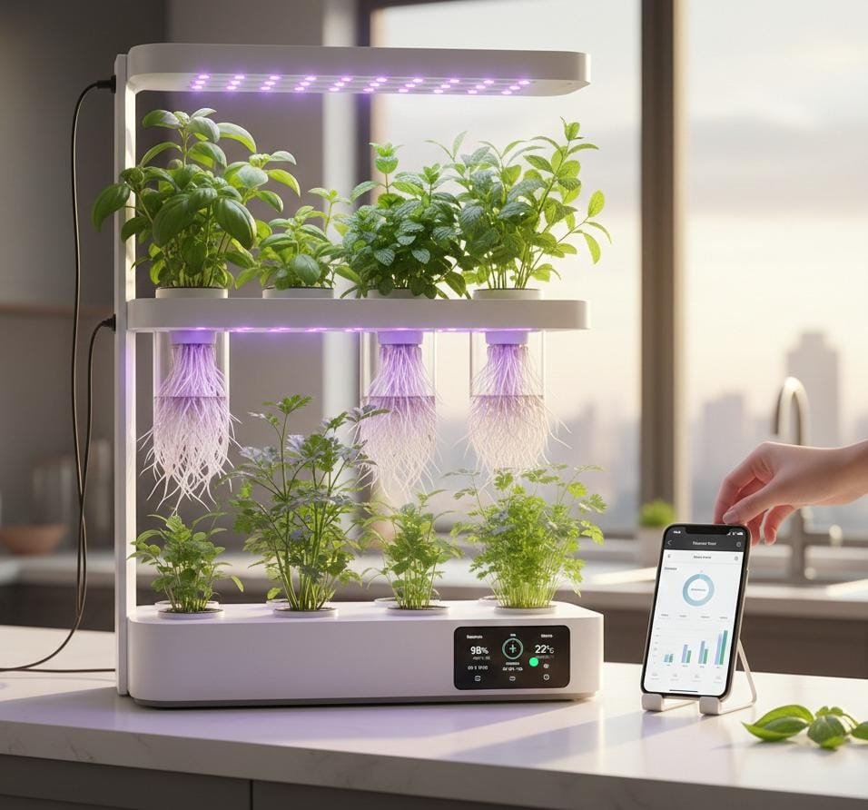 Smart indoor hydroponic garden with plants growing roots in nutrient water system