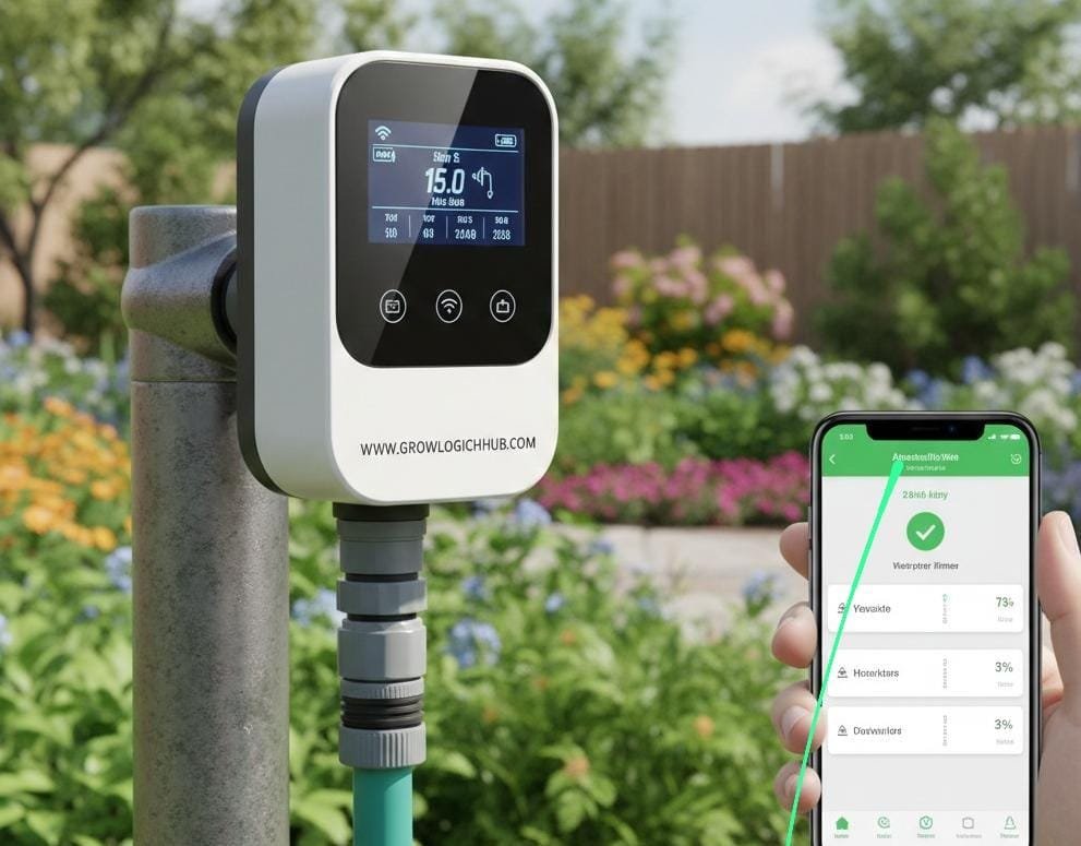 Smart WiFi water timer connected to a garden hose for automatic irrigation and water management