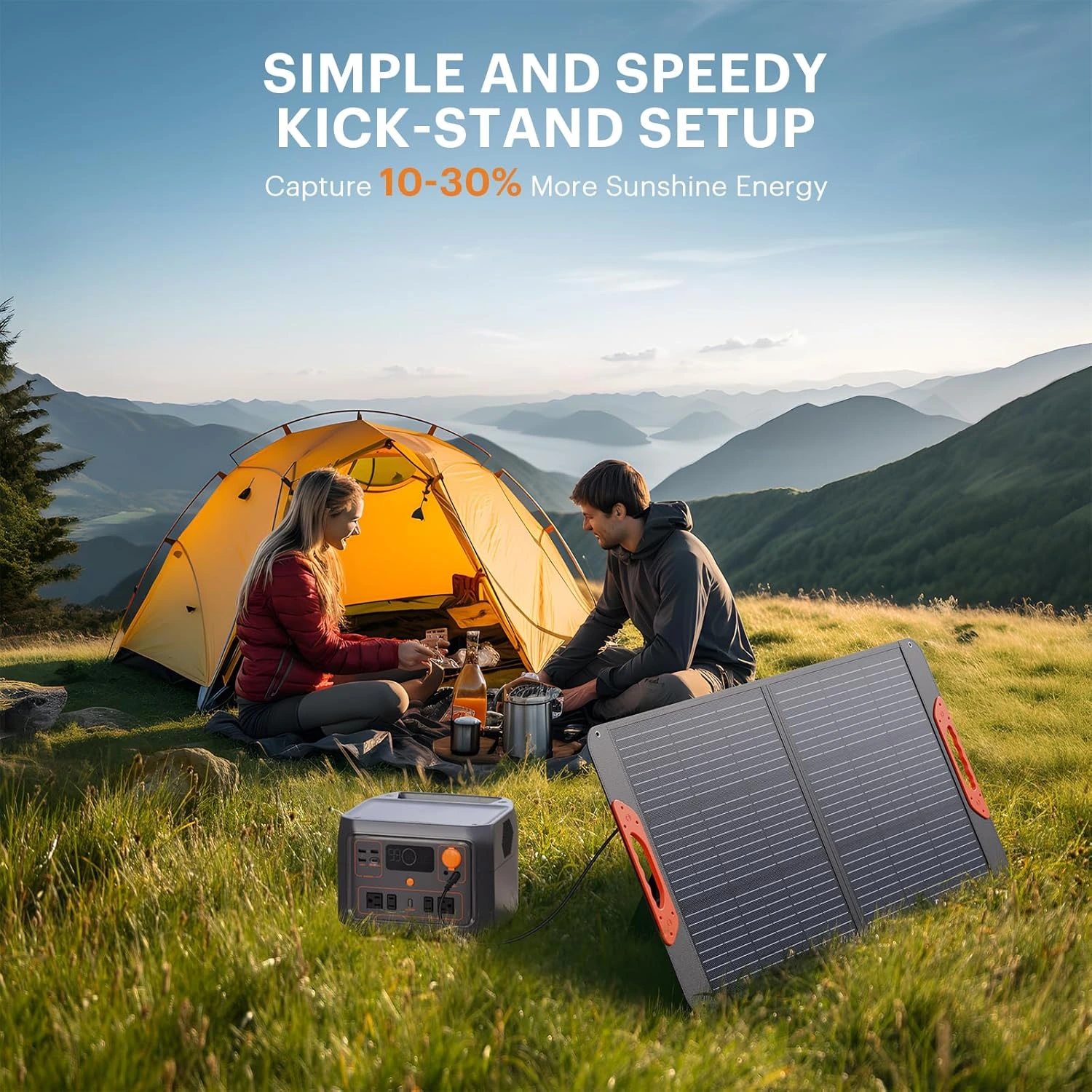 Jackery SolarSaga 100W portable solar panel charging an Explorer power station at a high-altitude mountain campsite.