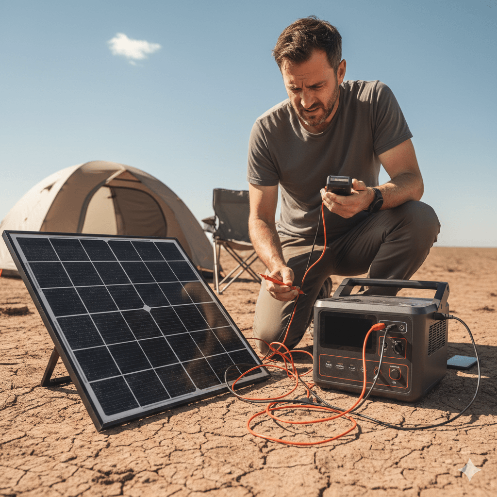 Man troubleshooting why his portable solar panel fails to charge a power station during camping.