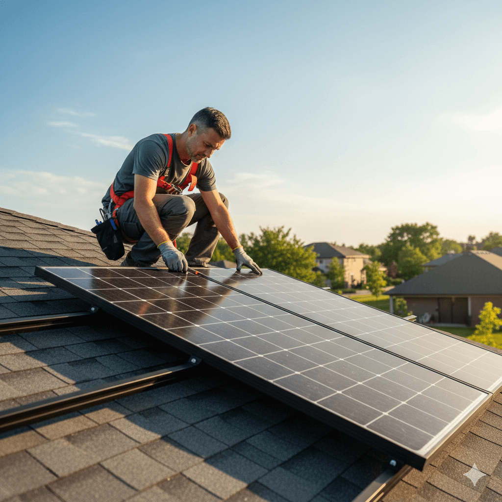 Professional technician installing solar panels on a residential rooftop to promote sustainable clean energy.