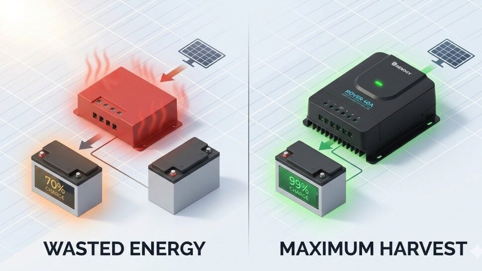 MPPT vs PWM efficiency comparison infographic — Renogy Rover 40A solar charge controller 2026