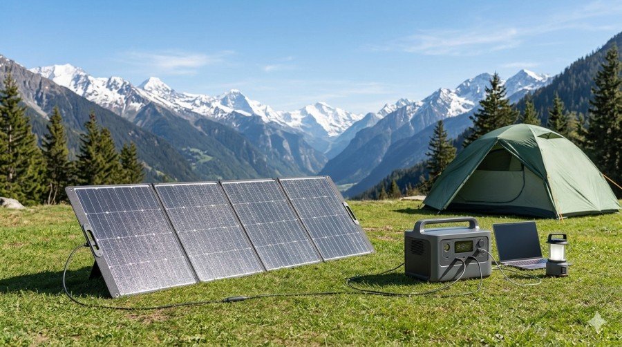 High efficiency Solar Camping Wattage Logic: 200W folding panel at campsite