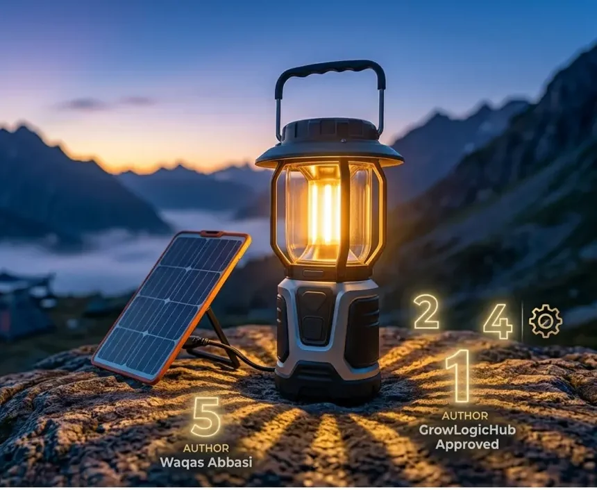 A high-power solar camping light with a portable solar panel at sunset, top pick for 2026 emergency survival gear.