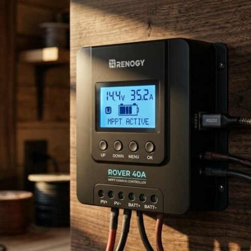 Renogy Rover 40A MPPT solar charge controller technical dimensions and mounting hole diagram.