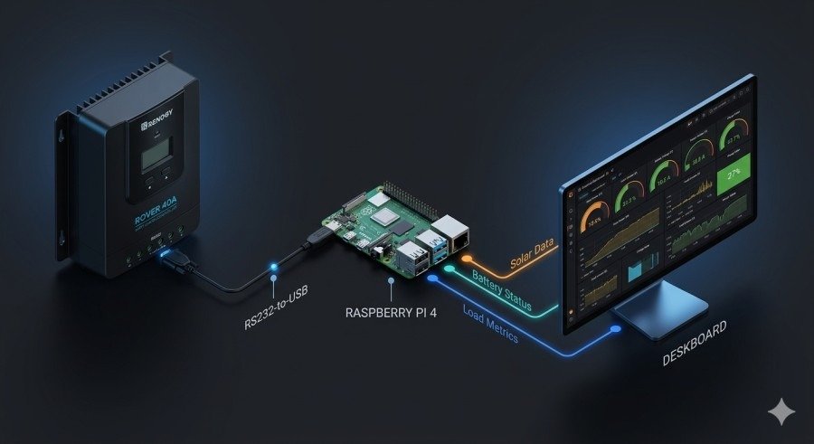 Renogy Rover 40A RS232 communication port connected to Raspberry Pi 4 for solar data monitoring