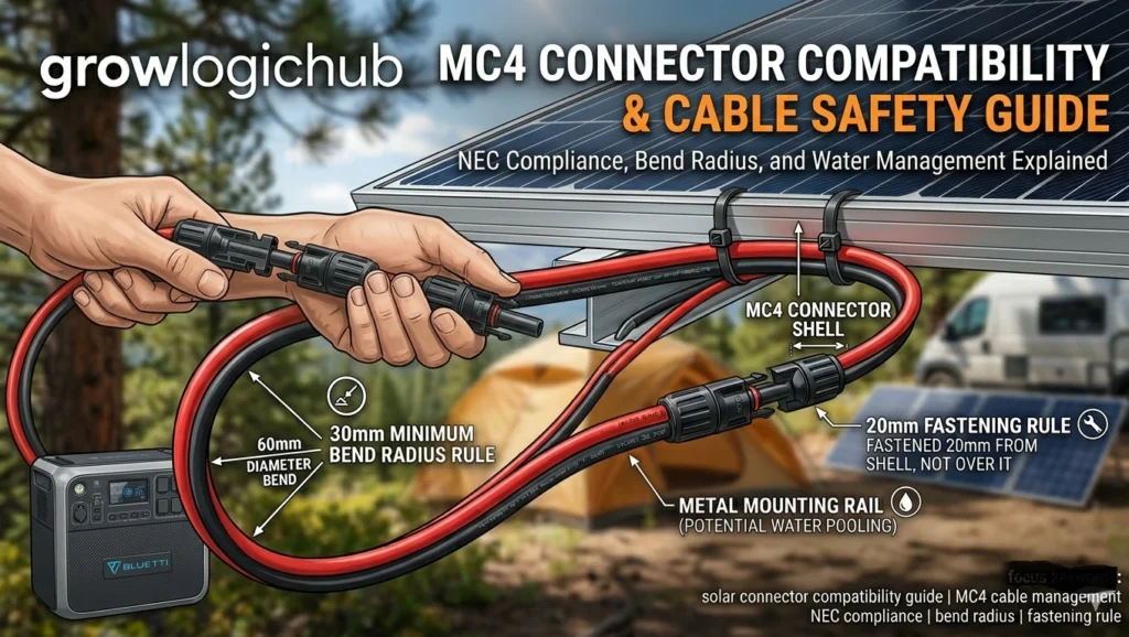 Close-up of hands connecting a high-quality solar MC4 connector to a portable power station via an XT60 adapter cable in a camping setup.