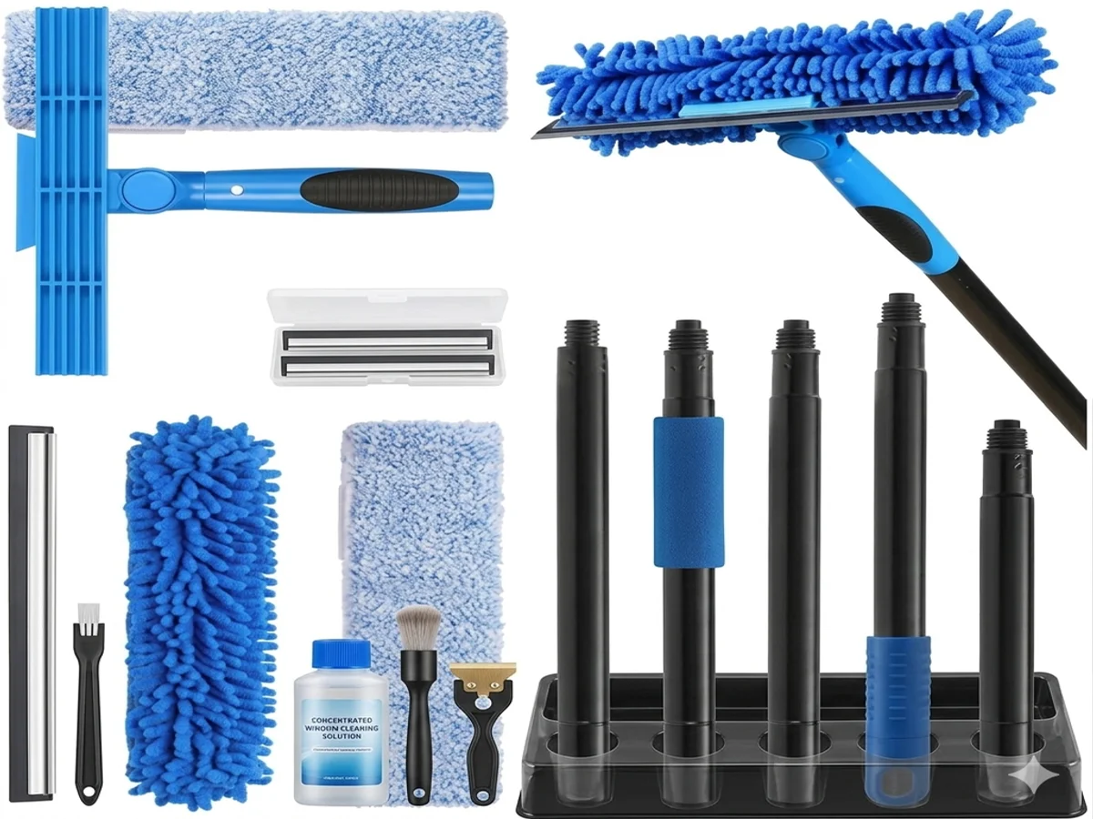 Water-fed solar panel cleaning brush in action on real rooftop monocrystalline PV panels — long reach pole tested by GrowLogicHub