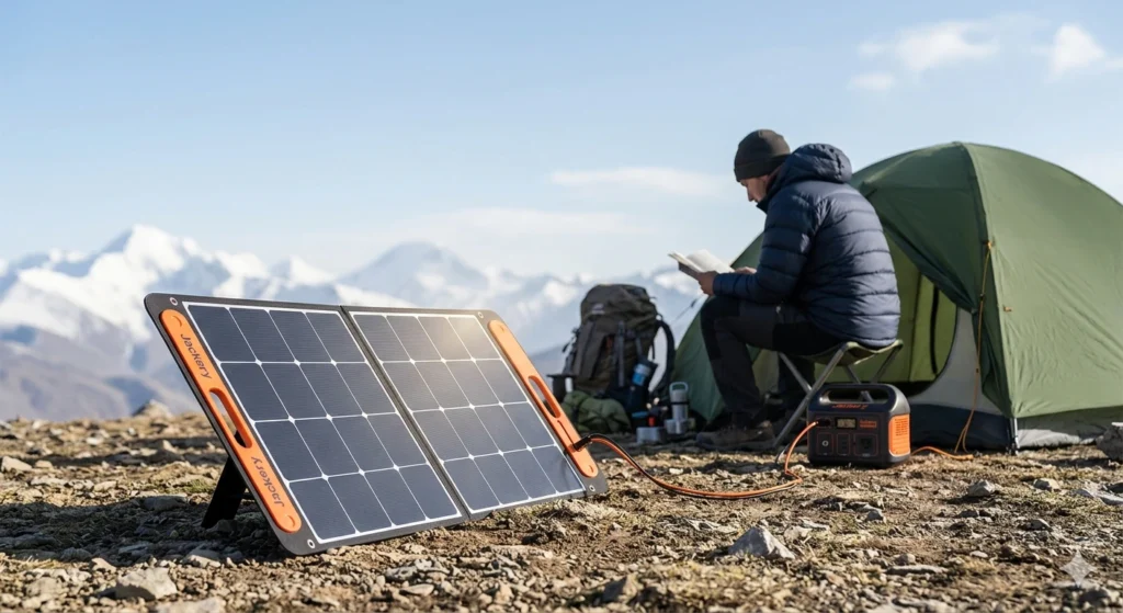 Jackery SolarSaga 100W portable solar panel charging an Explorer power station at an off-grid mountain campsite.