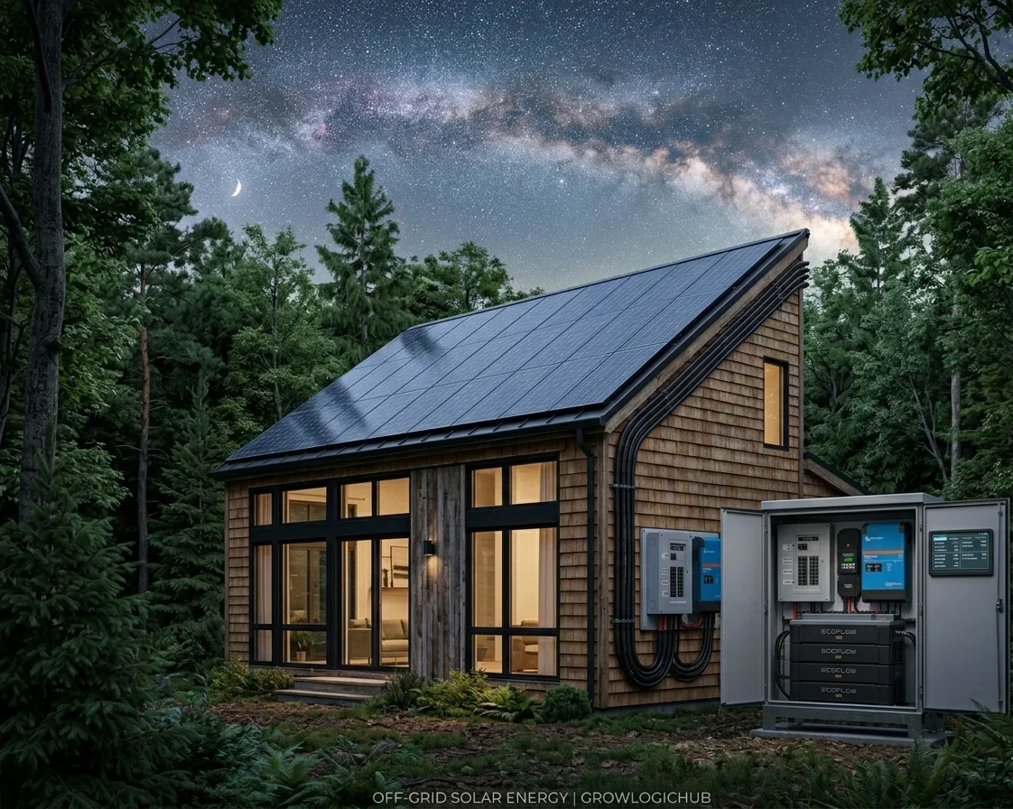 Off-Grid Thermal Logic 2026 installation featuring solar panels on a cabin roof and integrated lithium battery storage under a clear Milky Way night sky