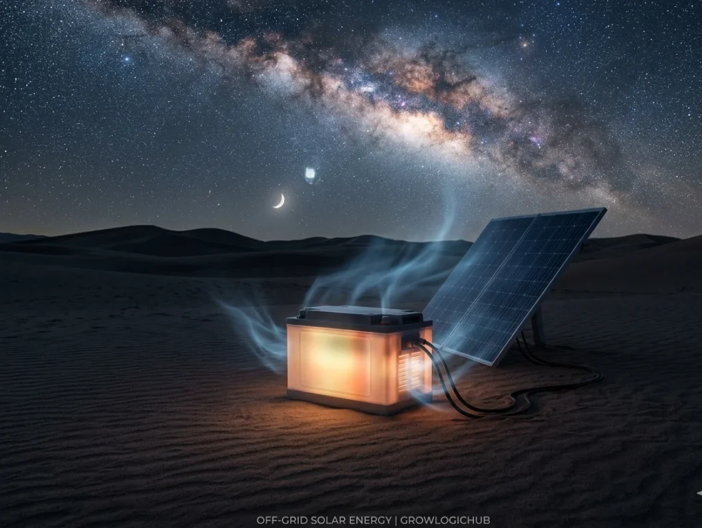 Off-Grid Thermal Logic 2026 battery unit with low charge indicator in extreme heat