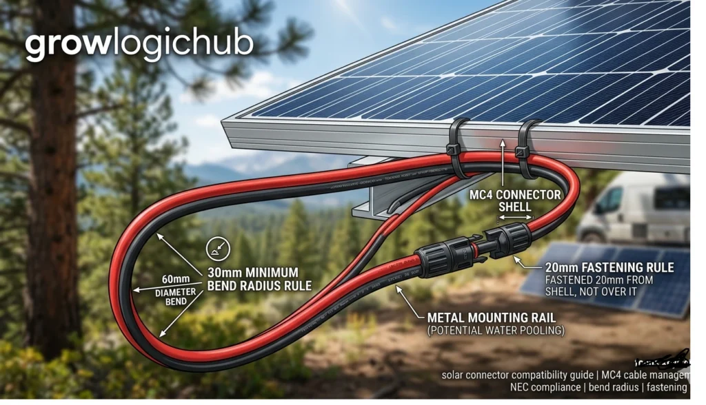 Technical illustration under a PV solar panel demonstrating the 30mm minimum bend radius rule and 20mm fastening rule with zip-ties on an MC4 connector to prevent water damage.