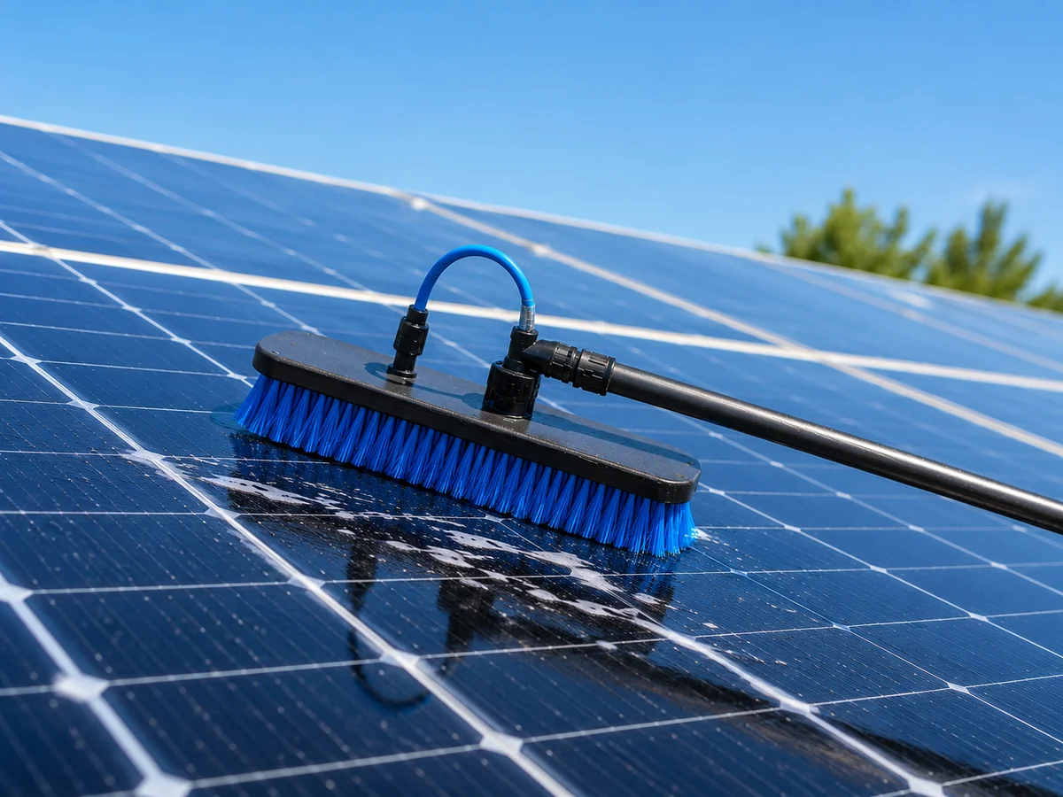 Professional solar panel cleaning brush removing dust for maximum energy efficiency.